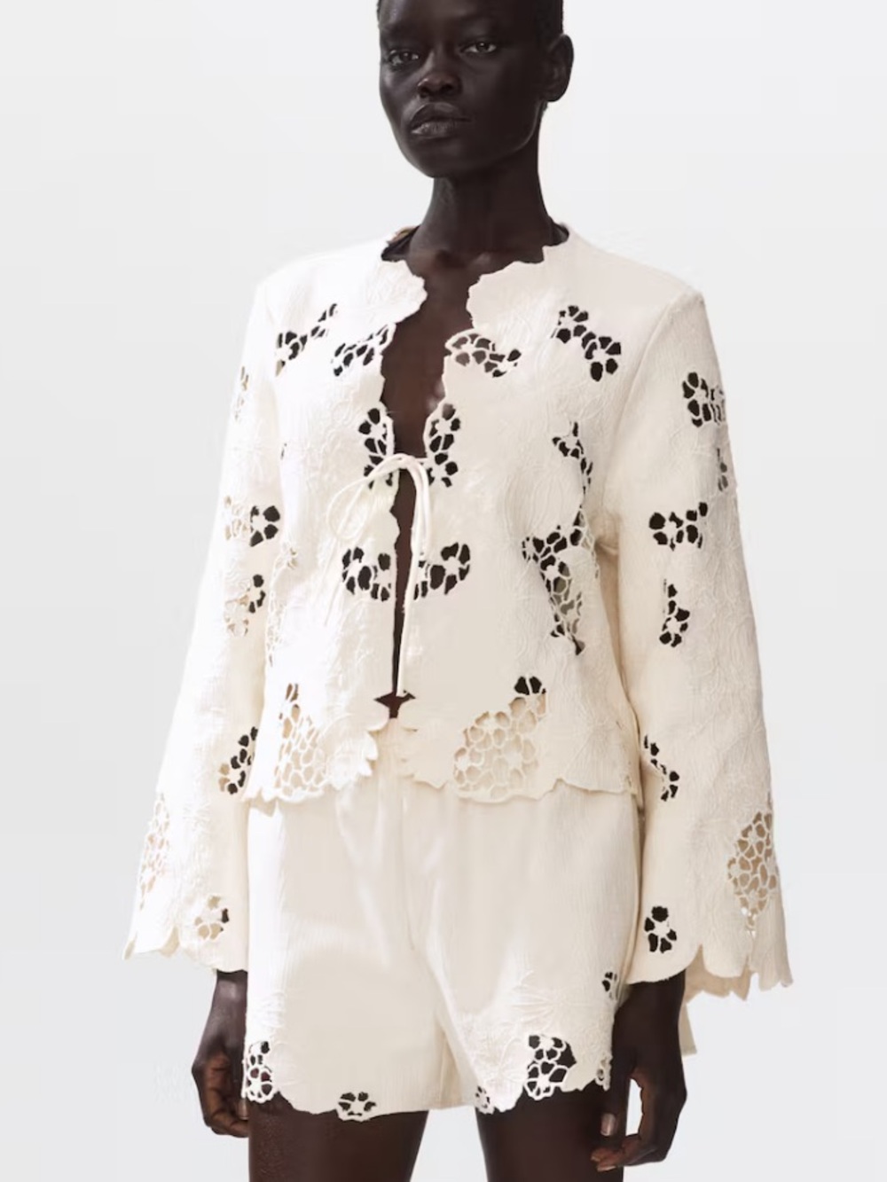 H&M NWT CREAM SCALLOPED EYELET-EMBROIDERED JACKET